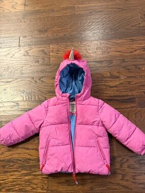 Mini Boden hot Girls Pink Unicorn Hooded Puffer Jacket size 3-4T
